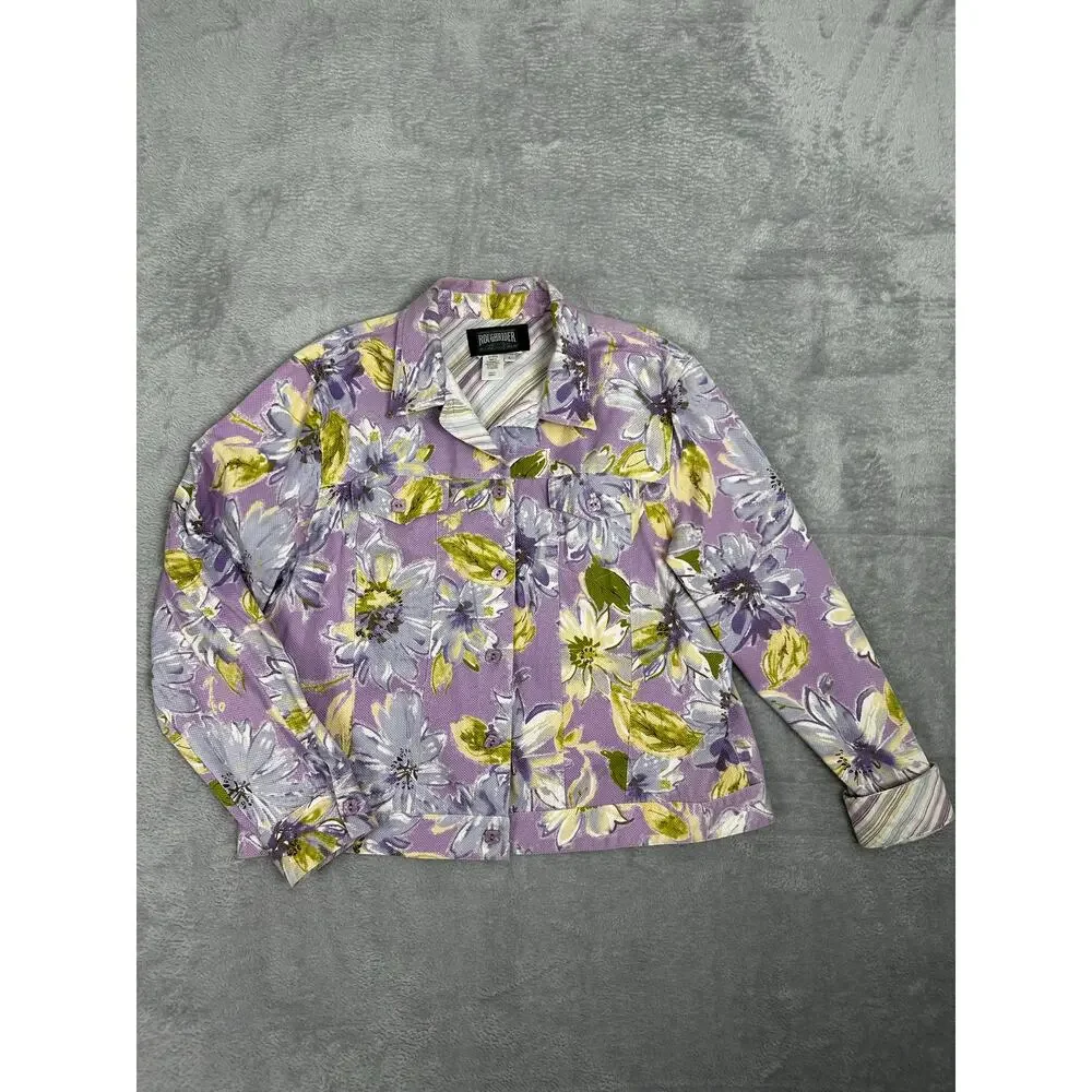 Rough Rider by Circle T Purple Watercolor Floral Trucker Jacket Large Western - Picture 3 of 10